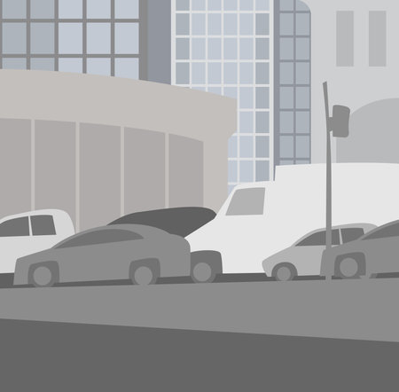 Smog in the middle of the city. Haze, dense traffic. Vector images for prints, posters and illustrations.のイラスト素材