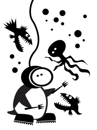 The life of penguins. A diving penguin fights with underwater predators. comic character. Vector images for prints, posters and illustrations.のイラスト素材