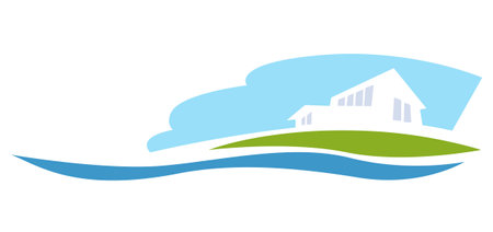 real estate agent logo. A stylized image of a beach house on the shore of a lake.のイラスト素材