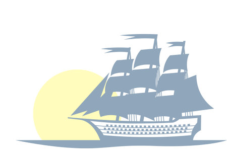 Victorian era Warship. A stylized drawing of an old sailship against the background of the morning sun. Vector images for prints, posters and illustrations.のイラスト素材