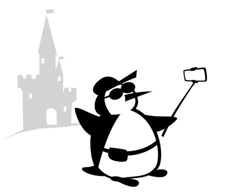 The life of penguins. The Penguin is live streaming from a medieval castle. comic character. Vector images for prints, posters and illustrations.のイラスト素材