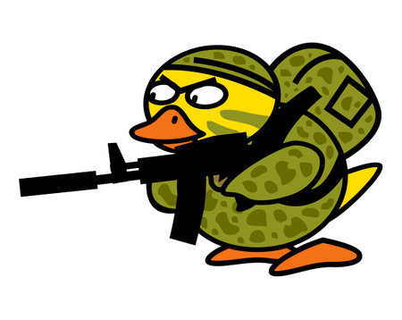 A duckling who imagines himself to be a real commando. A duck in camouflage with an assault rifle.のイラスト素材