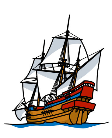 Sea adventures. A sailing ship is heading for unknown islands. Vector image for prints, posters and illustrations.のイラスト素材