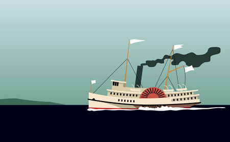Sea cruise. Paddle steamer. Old steamship heading to shore. Vector image for prints, posters and illustrations.のイラスト素材