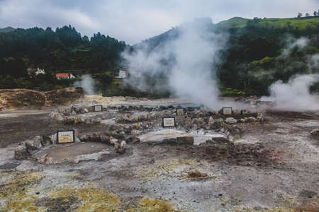 Lagoa das Furnas is one of the three main crater lakes on Sao Miguel. It has naturally boiling water of the caldeiras (hot springs). There are multiple geothermal springs in the areaの写真素材