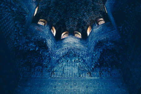 Ceiling with intricate sculpted details of moorish arabian origin / influence, astonishing level of patterns.Ancient beautiful moorish stucco work of Alhambra, Granadaのeditorial素材