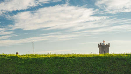 Green grass in the land in front of the lighthouse tower of Saint Julian Fortress Oeiras, Lisbon