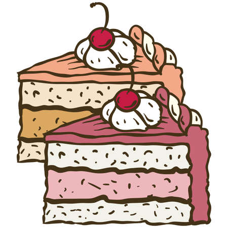 Two pieces of fruit cakes with cherry. Vector illustration