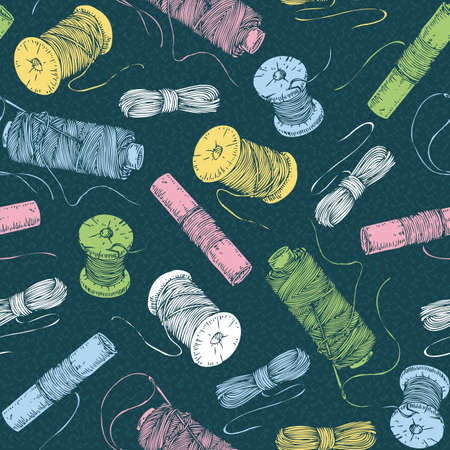 Seamless pattern with spools of thread. Hand drawn illusrtationのイラスト素材