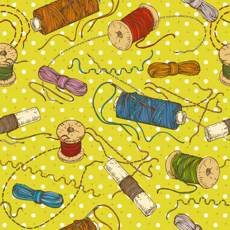 Seamless pattern with spools of thread. Hand drawn illusrtationのイラスト素材