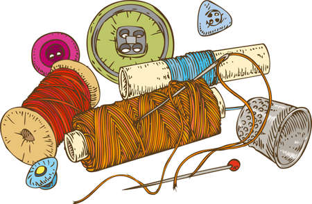 Three Color Spools of Thread, Buttons, Thimble and Pin. Isolated on White Backgroundのイラスト素材