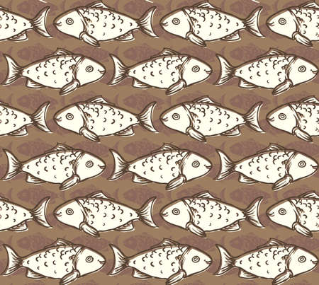 Beige Fish on Brown Background Seamless Patternのイラスト素材