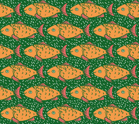 Orange Fish on Green Background Seamless Patternのイラスト素材