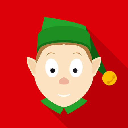 Christmas Elf Face in Green Hat. Flat Style with Long Shadows on Red Backgroundのイラスト素材