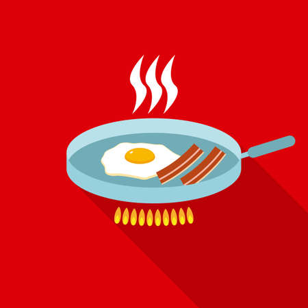 Pan with Fried Egg and Bacon for Breakfast in Flat Style with Long Shadows on Red Backgroundのイラスト素材