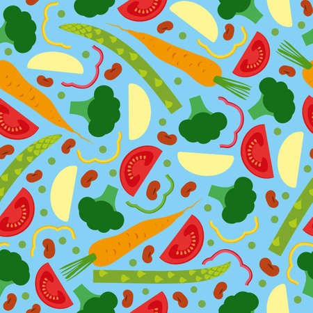 Vegetables Seamless Pattern with Carrots, Potatoes, Tomatoes, Beans, Broccoli, Pepper and Asparagus....