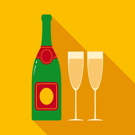 Champagne Bottle and Two Champagne Glasses. Flat Style with Long Shadows on Gold Backgroundのイラスト素材