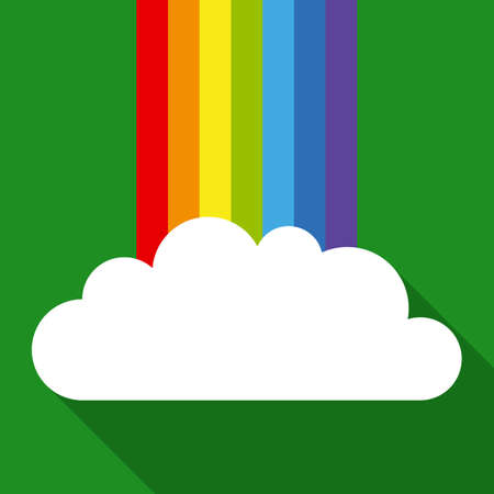 Rainbow and White Cloud in Flat Style with Long Shadows on Green Backgroundのイラスト素材