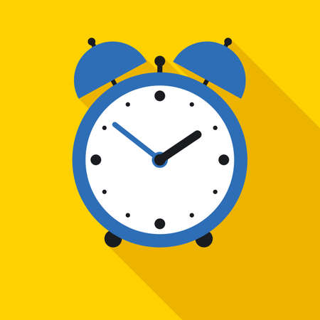 Blue Alarm Clock in Flat Style with Long Shadows on Yellow Backgroundのイラスト素材