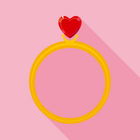Golden Ring with Red Crystal Heart. Flat Style, Long Shadows on Pink Backgroundのイラスト素材