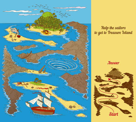 Treasure Island Maze Game with a Reefs, Ocean and Ship.のイラスト素材