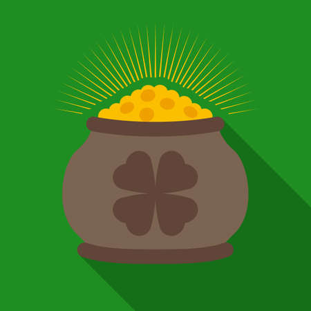 Pot of Gold with Clover Symbol. Flat Style with Long Shadows on Green Backgroundのイラスト素材