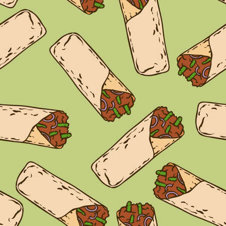 Seamless Pattern with Tasty Mexican Burrito on a Green Backgroundのイラスト素材
