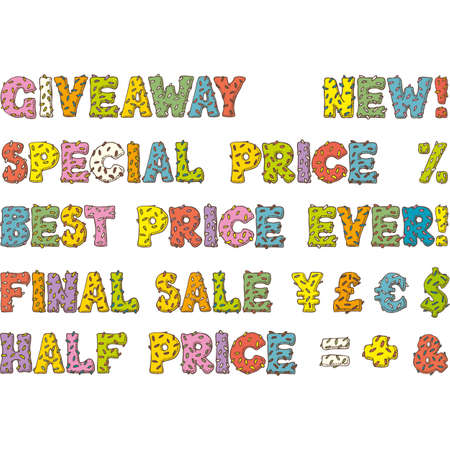 Multicolored Words for Sales and Discounts in Donut Style on a White Backgroundのイラスト素材