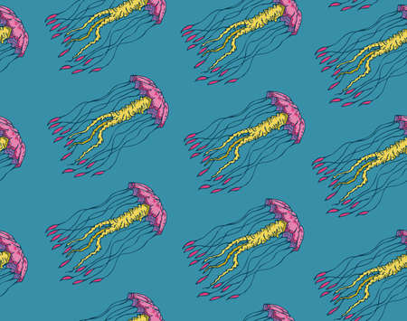 Seamless Pattern with Pink Giant Jellyfish on a Blue Background
