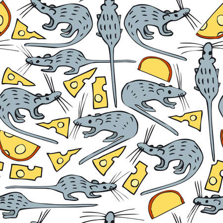 Seamless Vector Pattern with Mice and Cheese on a White Backgroundのイラスト素材