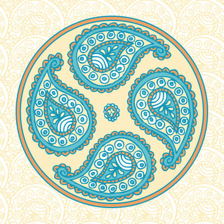 Blue Paisley Flover Doodle on a Beige Backgroundのイラスト素材