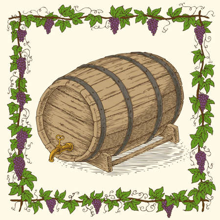 Wooden Oak Barrel with an Iron Rims in Floral Frame on a Beige Backgroundのイラスト素材