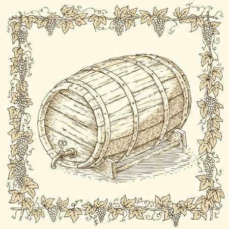 Wooden Oak Barrel with an Iron Rims in Floral Frame on a Beige Backgroundのイラスト素材