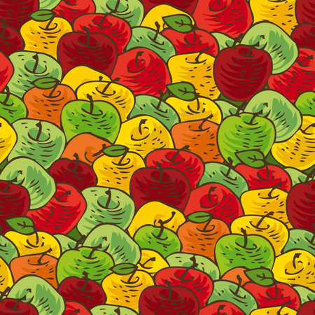 Seamless Vector Pattern with Red, Yellow, Orange and Green Ripe Applesのイラスト素材