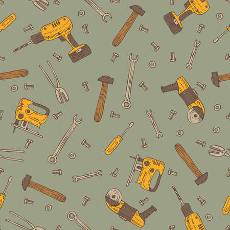 Seamless Vector Pattern with Engineering Tools on a Gray Backgroundのイラスト素材
