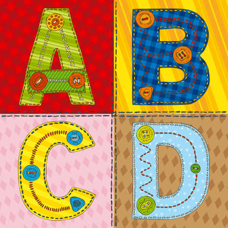 Letters A,B,C,D in PatchworkStule on a Fabric Backgroundのイラスト素材