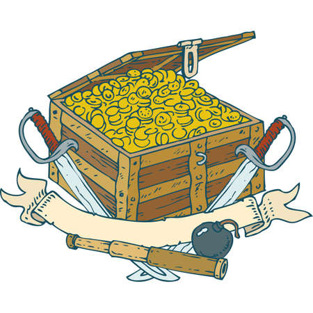 Chest with Gold Coins, Bomb, Spyglass, Sabers and Heraldic Ribbonのイラスト素材