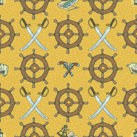 Pirate Seamless Vector Pattern with Sabers and Muskets on a Yellow Backgroundのイラスト素材