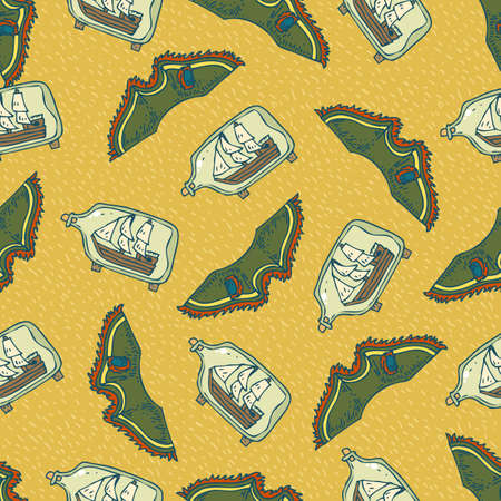 Seamless Vector Pattern with Pirate Tricorns and Old Sailboat in a Glass Bottle on a Yellow...