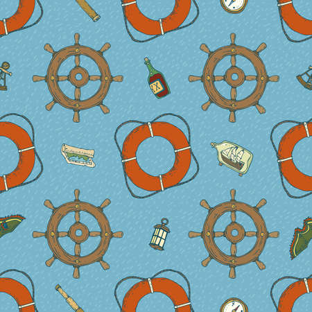 Seamless Vector Pattern with Nautical Instruments and Accessories on a Blue Backgroundのイラスト素材