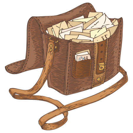 Retro Brown Leather Mail Bag with Letters. Isolated on a Whiteのイラスト素材