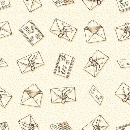 Postal Service. Seamless Vector Pattern with Envelopes and Letters on a Beige Backgroundのイラスト素材