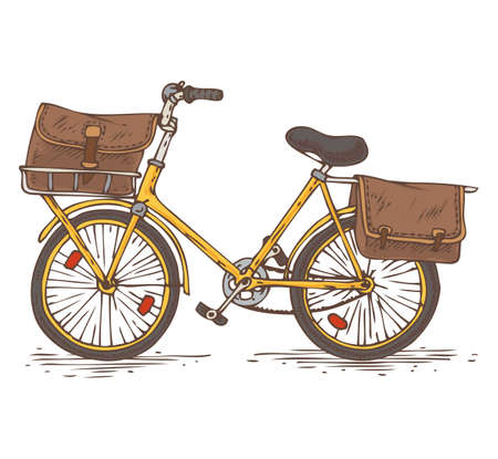 Postal Service. Mail Delivery. Yellow Bicycle with Brown Bags as a Baggageのイラスト素材