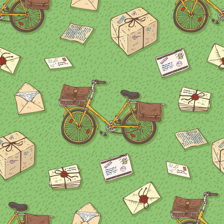 Postal Service. Mail Delivery. Seamless Pattern with Bicycles, Envelopes, Parcels and Letterson on a Green Backgroundのイラスト素材