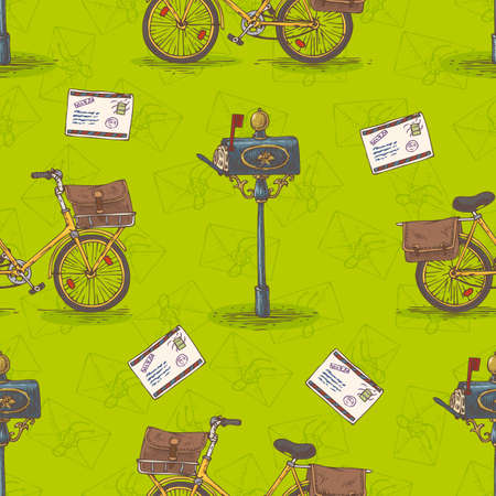 Postal Service. Mail Delivery. Seamless Pattern with Bicycles, Envelopes, Retro Mailboxes and Letters on a Green Backgroundのイラスト素材