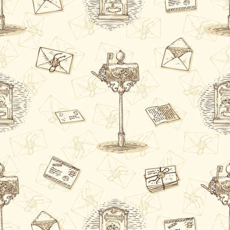 Postal Service. Seamless Vector Pattern with Envelopes,Letters and Mailboxes on a Beige Backgroundのイラスト素材