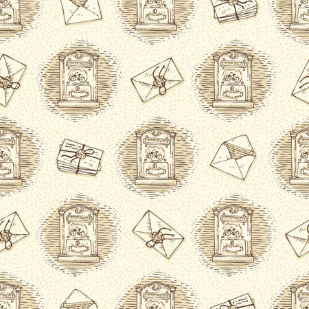 Postal Service. Mail Delivery. Seamless Vector Pattern with Envelopes,Letters and Retro Mailboxes on a Beige Backgroundのイラスト素材