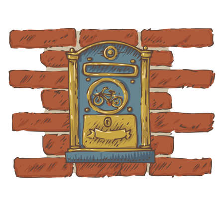 Postal Service.Mail Delivery. Blue Retro Mailbox with Golden Decor on a Red Brick Wall. Isolated on a Whiteのイラスト素材