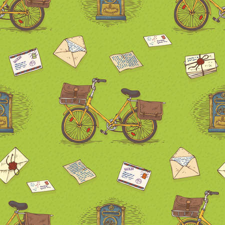 Postal Service. Mail Delivery. Seamless Pattern with Bicycles, Envelopes, Retro Mailboxes and Letters on a Green Backgroundのイラスト素材