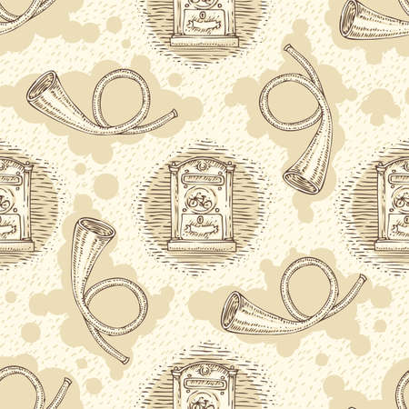 Postal Service. Seamless Vector Pattern with Retro Mailboxes and French Post Horns on a Beige Backgroundのイラスト素材